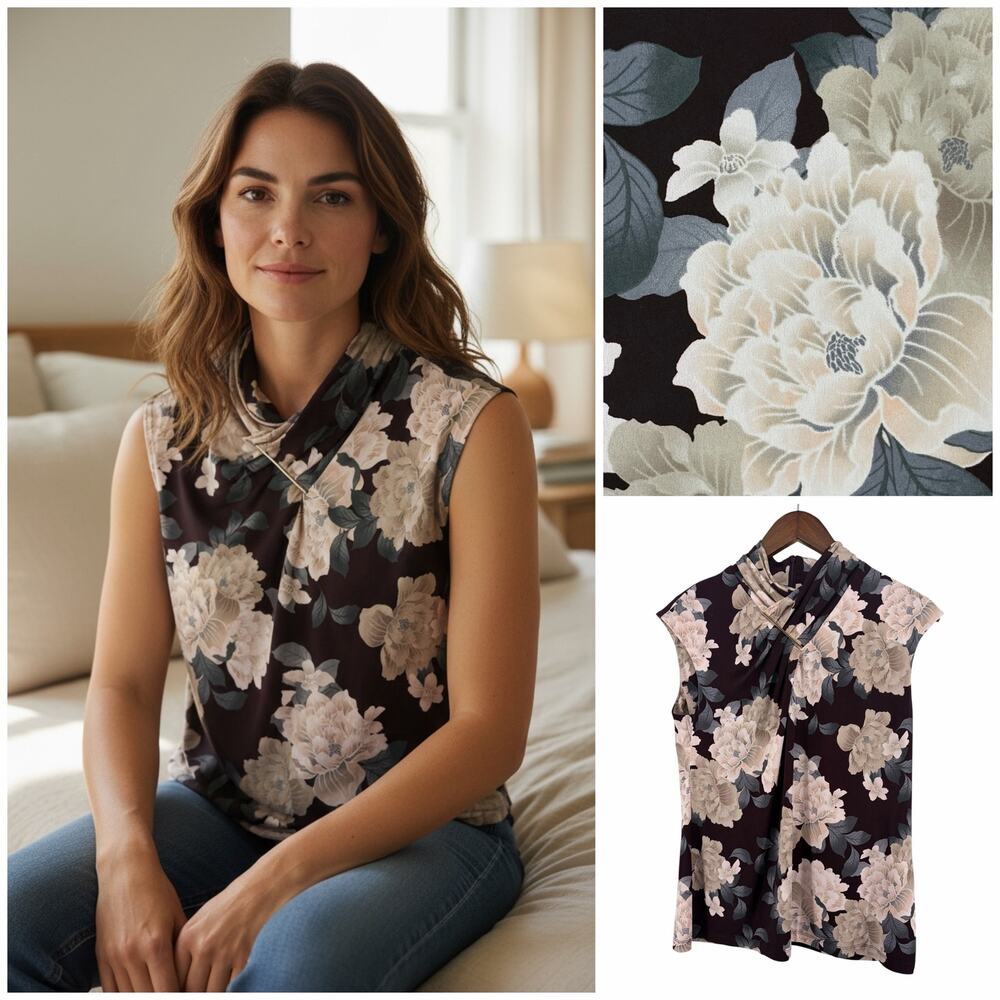 Calvin Klein Sleeveless Floral Blouse Women’s Medium Mock Neck Career Top